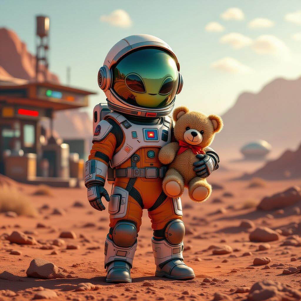 Child Alien on Mars with Alien Teddy Bear