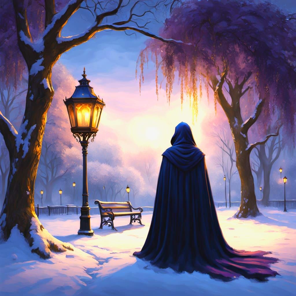 Ethereal Winter Scene with Mysterious Figure