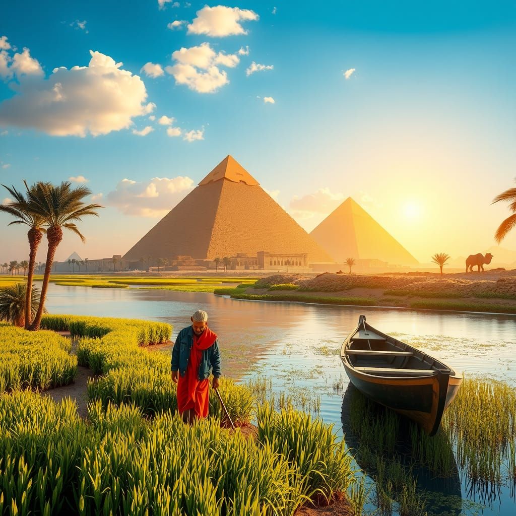 Egyptian Farmer at Sunrise: Splash Art Style