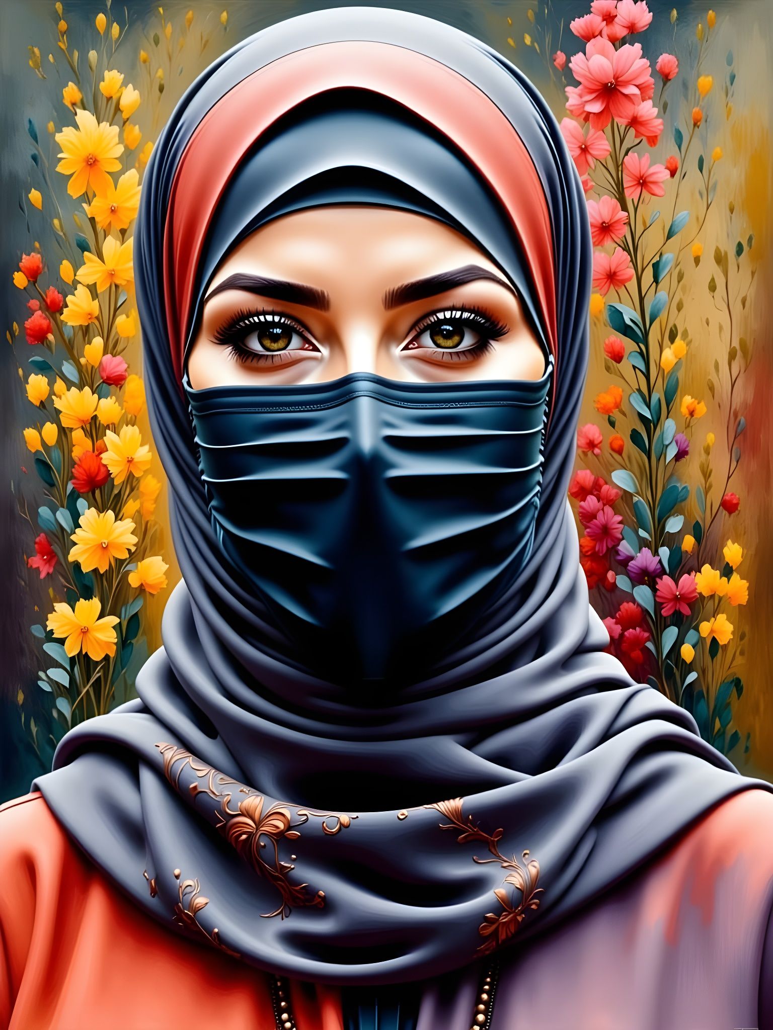 Young Woman in Hijab and Facemask, Oil-Guache Portrait