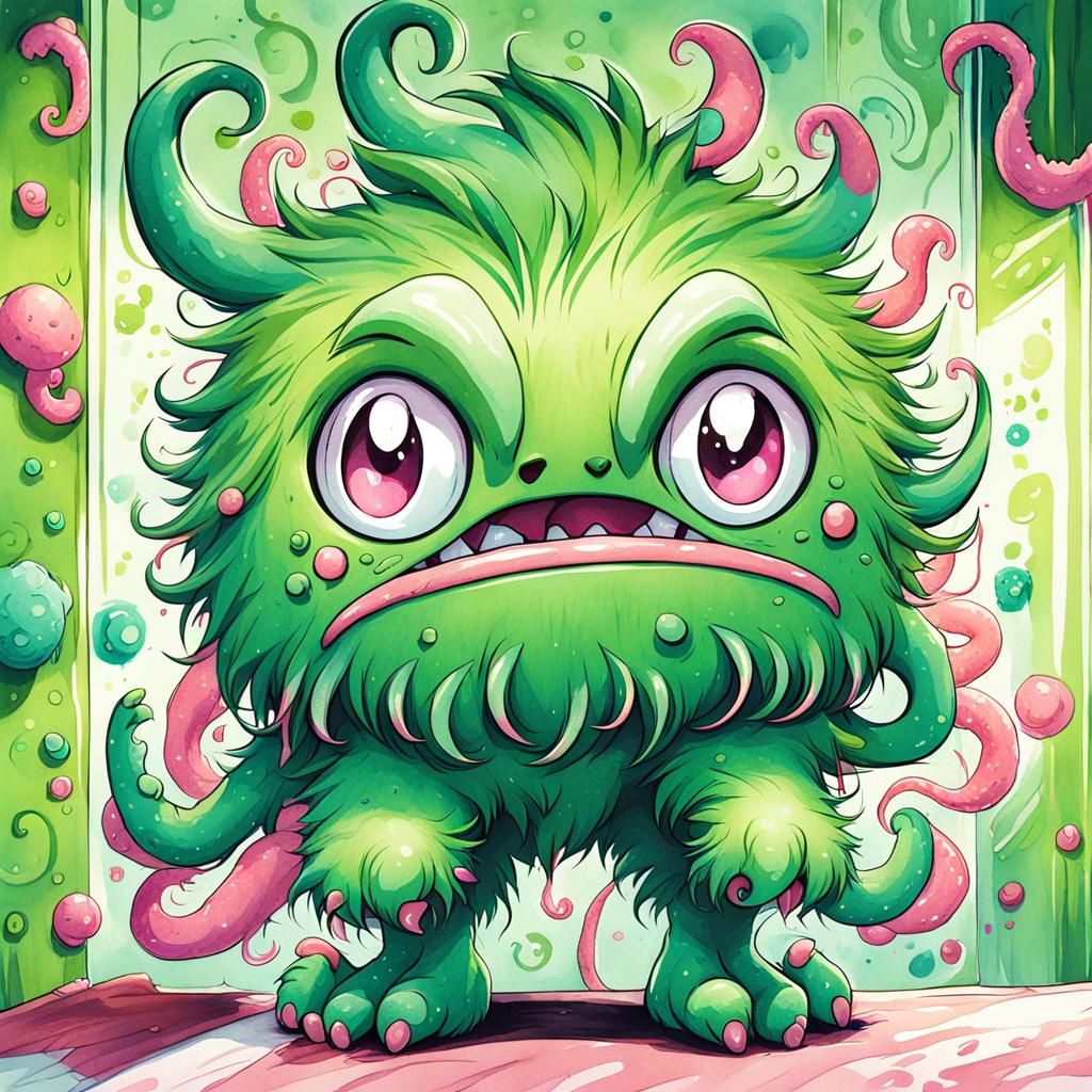 Adorable Green Monster Draws on Wall: Manga Illustration