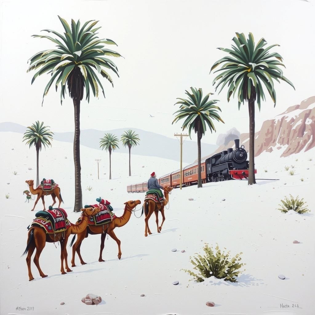 Surreal Oasis: Camels, Snow, and Steam Train