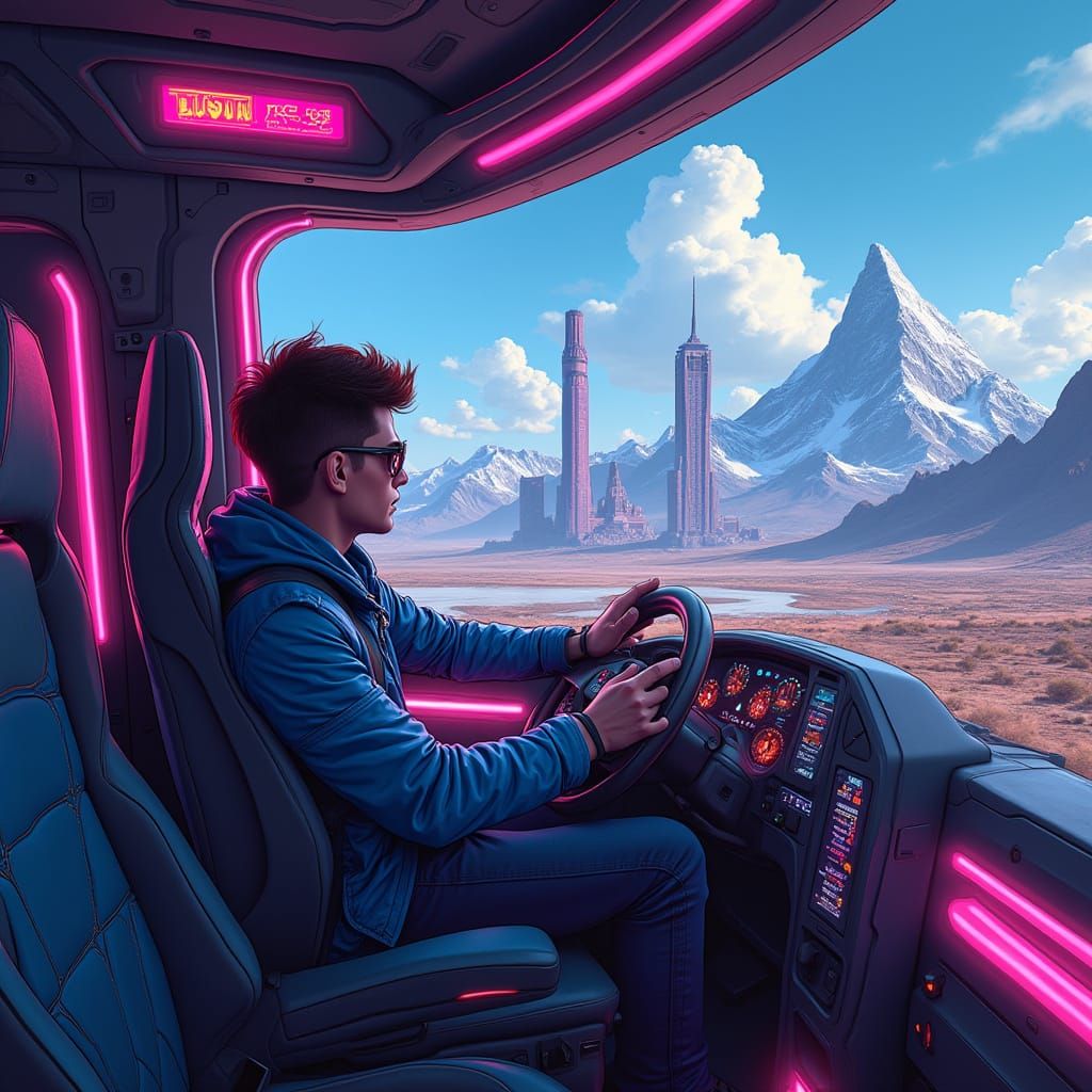 Futuristic Semi-Truck Navigating Cyberpunk City and Nature