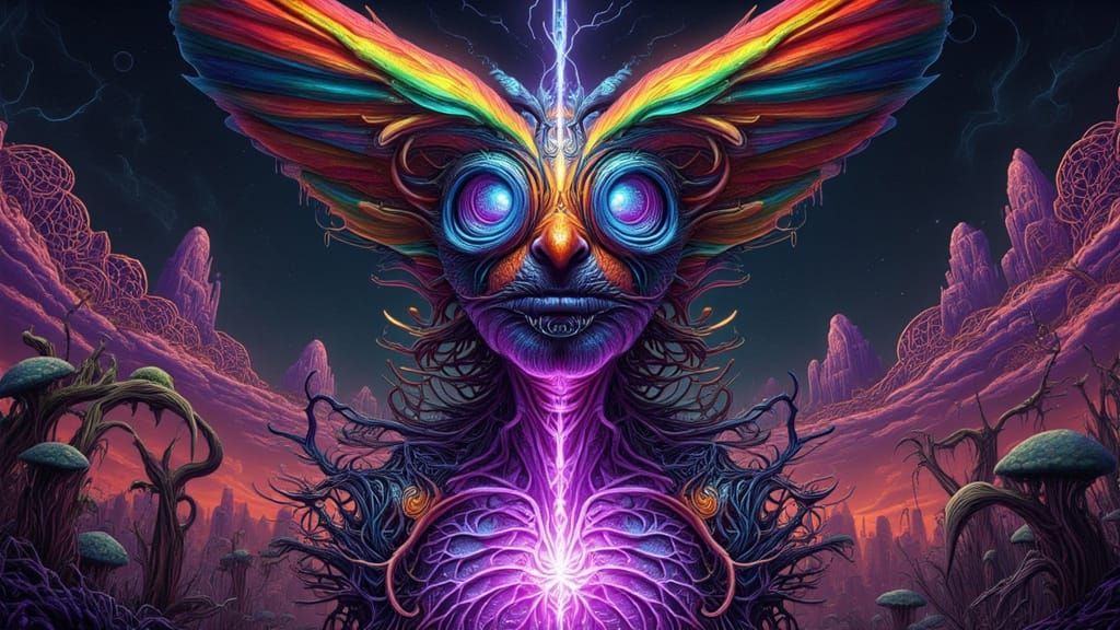 Man in Moth Costume Illuminated by Rainbow Lightning