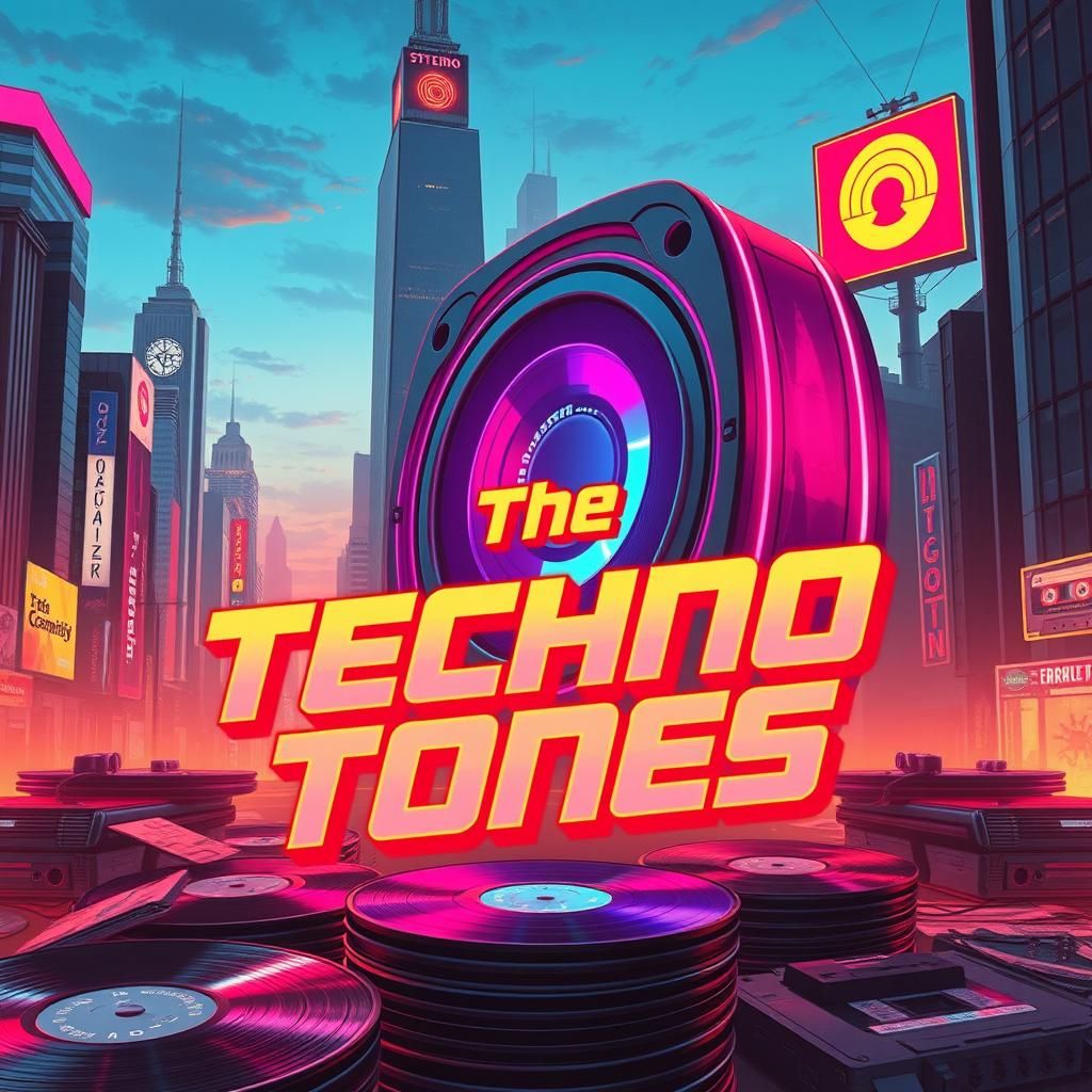 Futuristic Cityscape with Synthwave Speaker in 80s Style