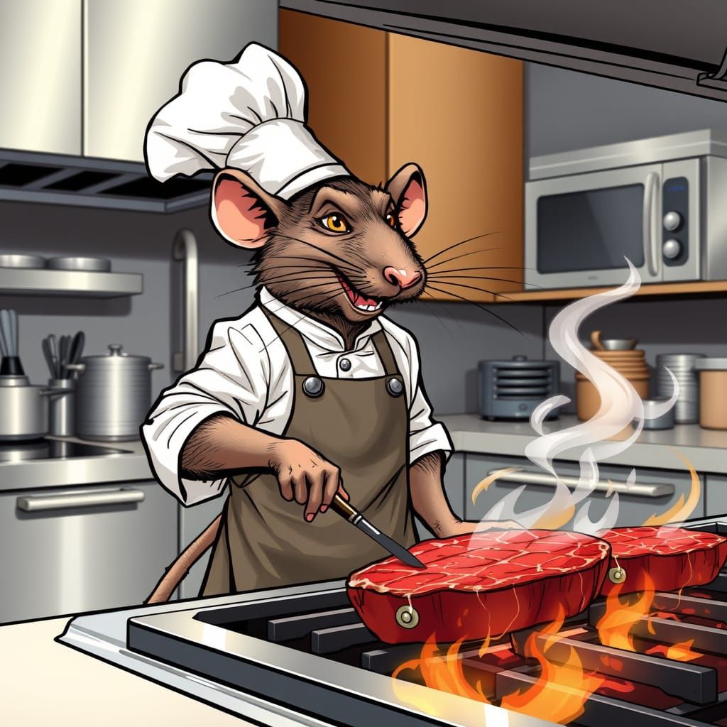 Confident Rat Chef Cooks Steak to Perfection in Modern Kitch...