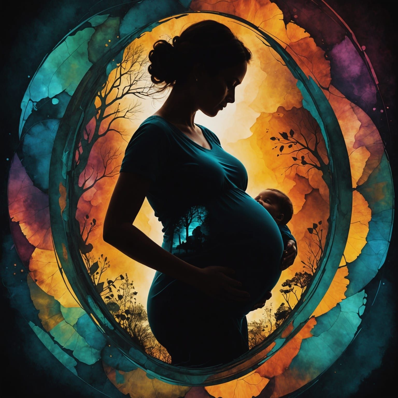 Pregnant Woman Silhouette with Baby: Alcohol Ink Art