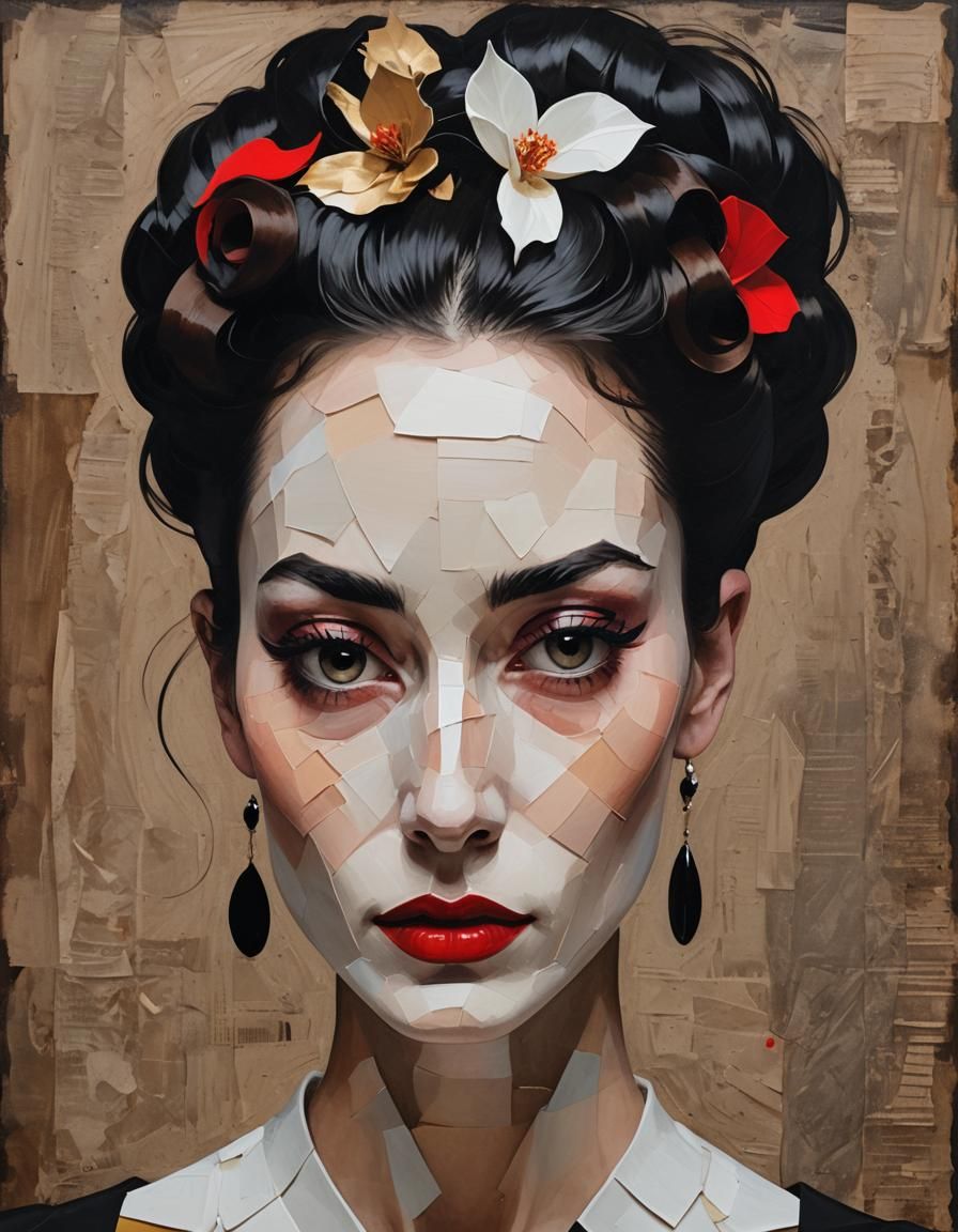 Expressive Woman Portrait in Mixed Media Collage