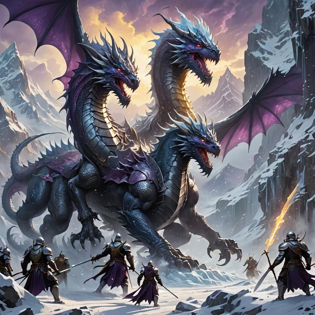 Knights Face Ice Dragon in Snowy Mountains