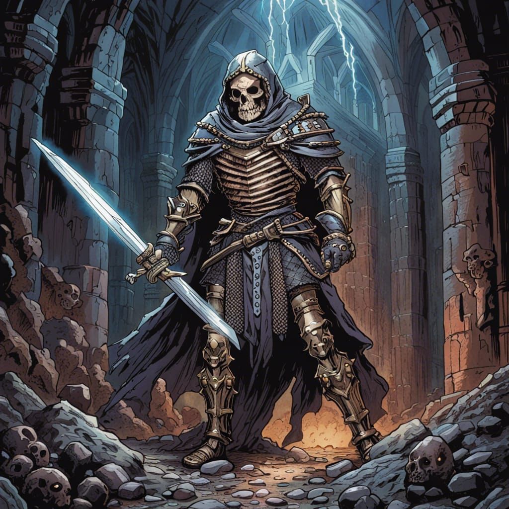 Dark Fantasy Skeleton Warrior in Dungeon