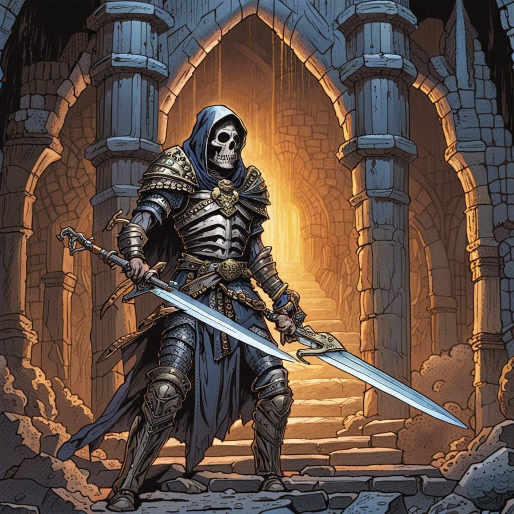Dark Fantasy Skeleton Warrior in Dungeon, Comic Book Art
