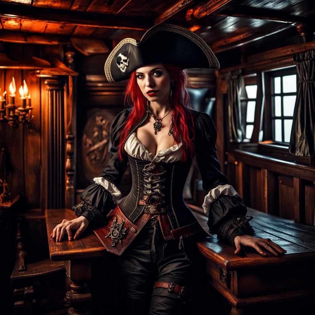 Vampire Pirate Girl on Ship in Hyperrealism