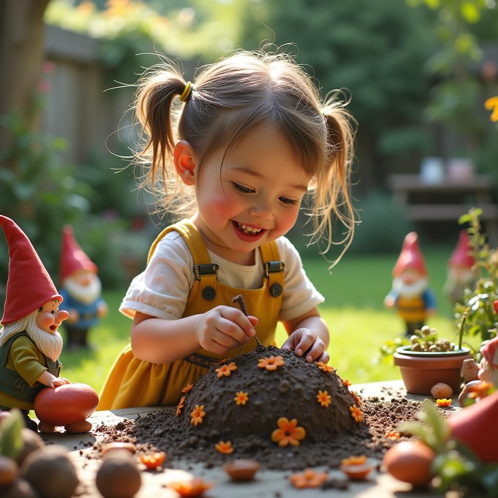 Girl Crafts Mudpie Masterpiece in Whimsical Garden