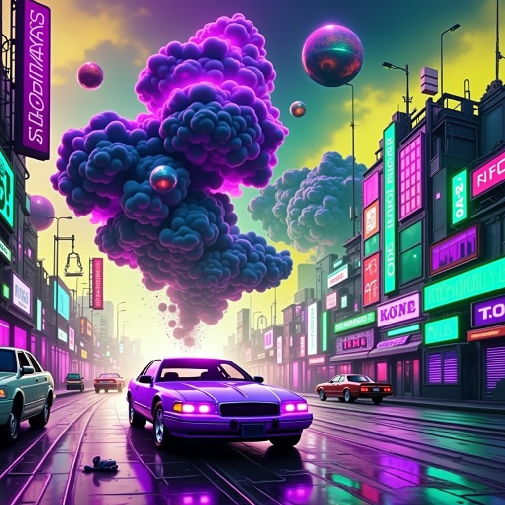 Neon Cyberpunk Cityscape with Cosmic Colors