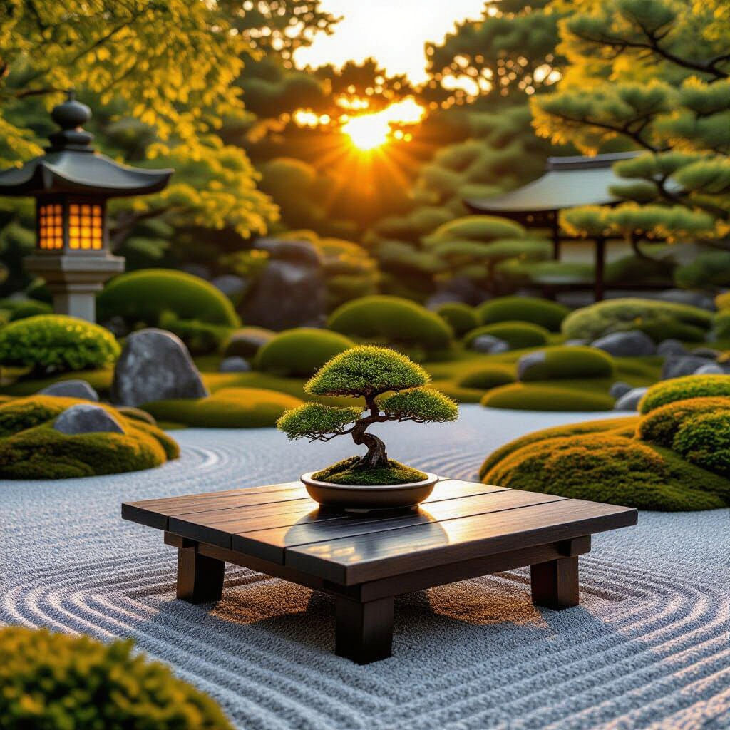 Serene Zen Garden at Sunset with Bonsai
