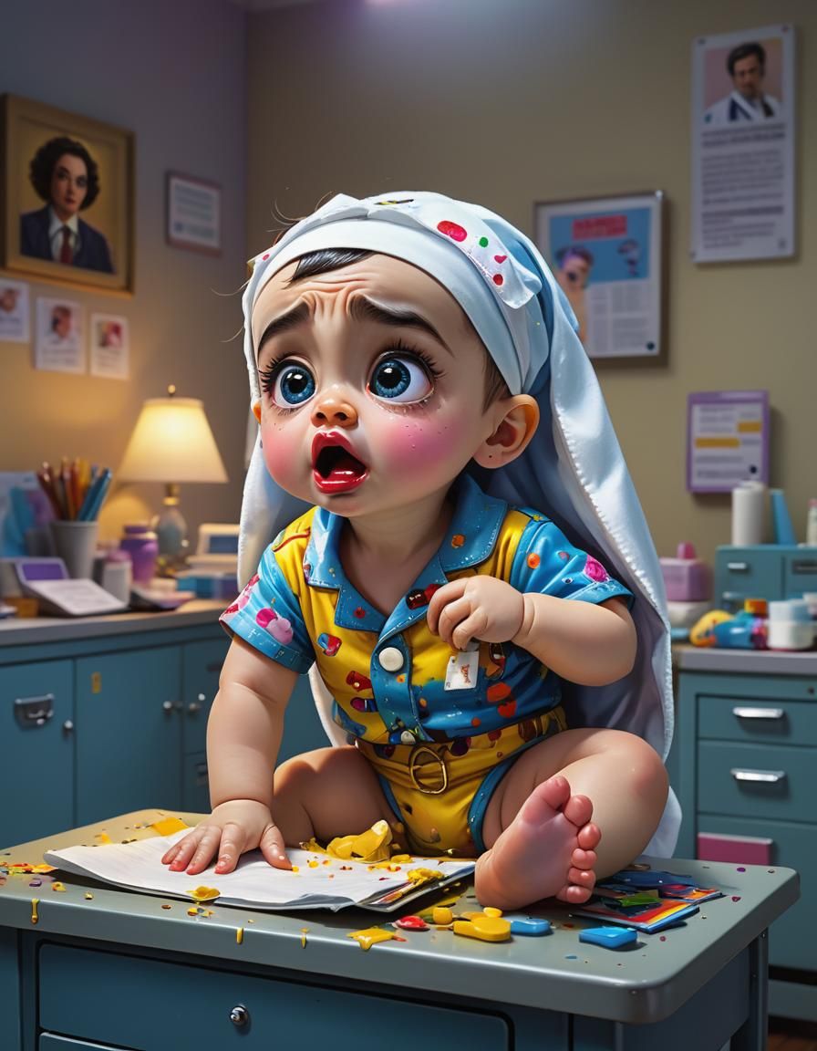 Crying Baby in Doctor's Office, Quirky Art Style