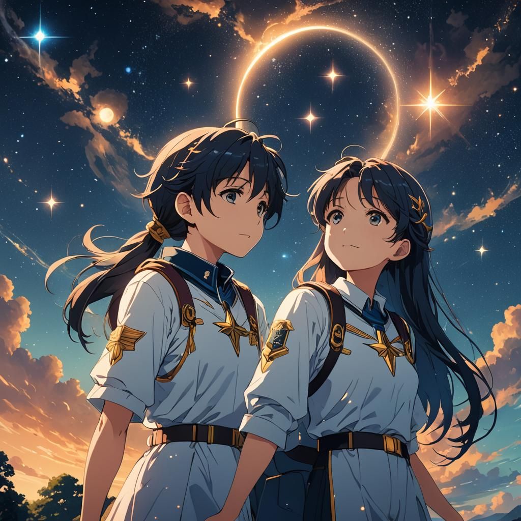 Anime Style Couple Gazing at Stars