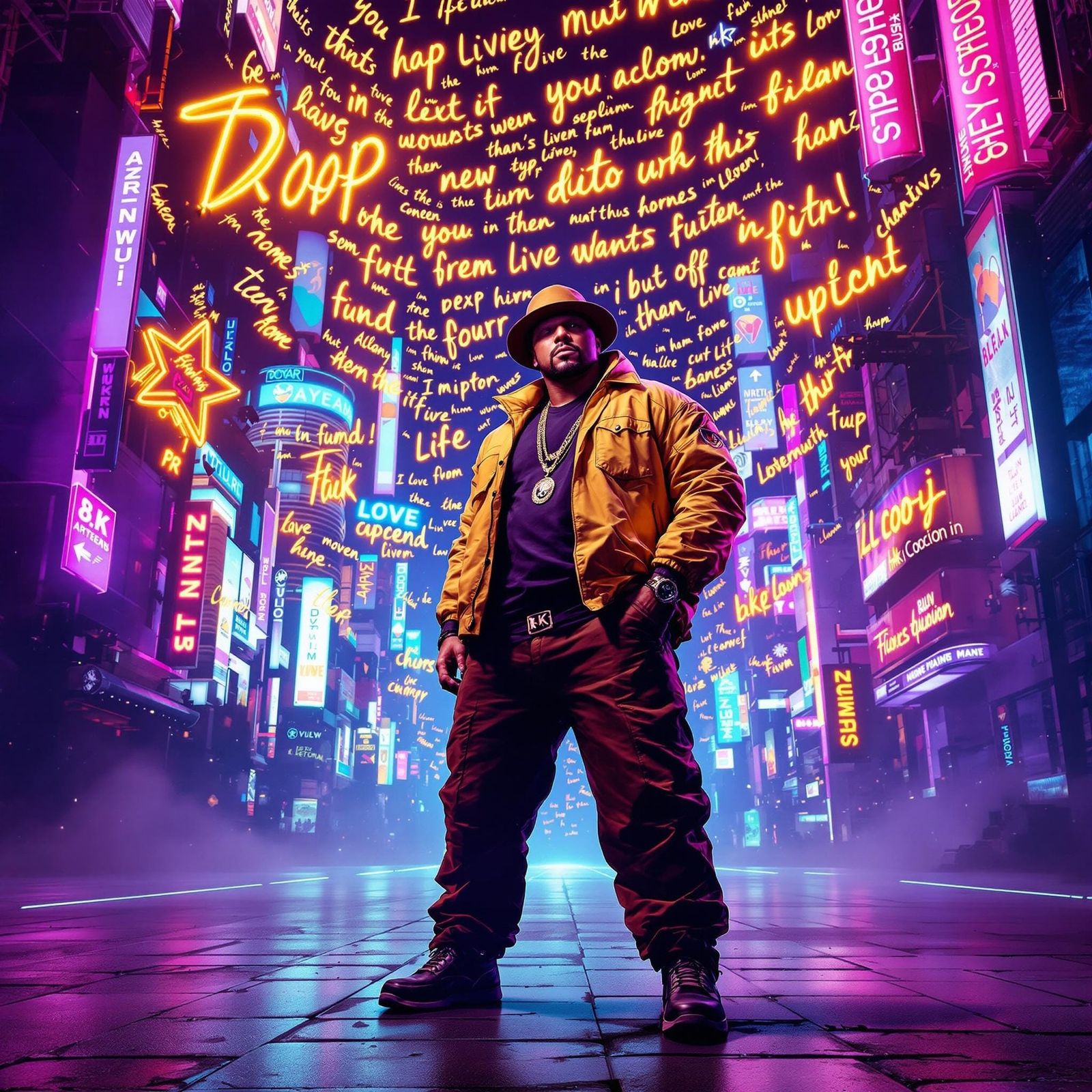 LL Cool J in Neon-Lit Cityscape, Surrounded by Swirling Rap....