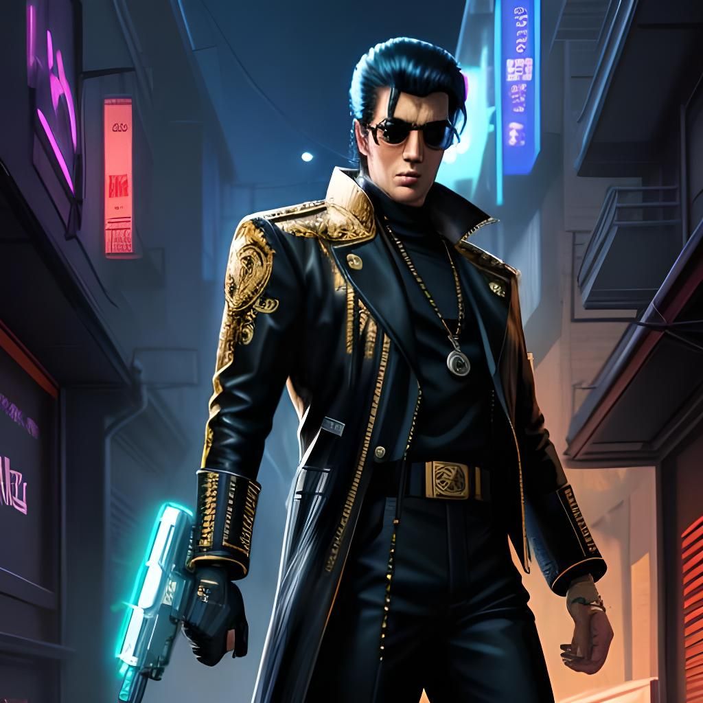 Elvis in Gold Suit with Sci-Fi Pistol, Anime Style