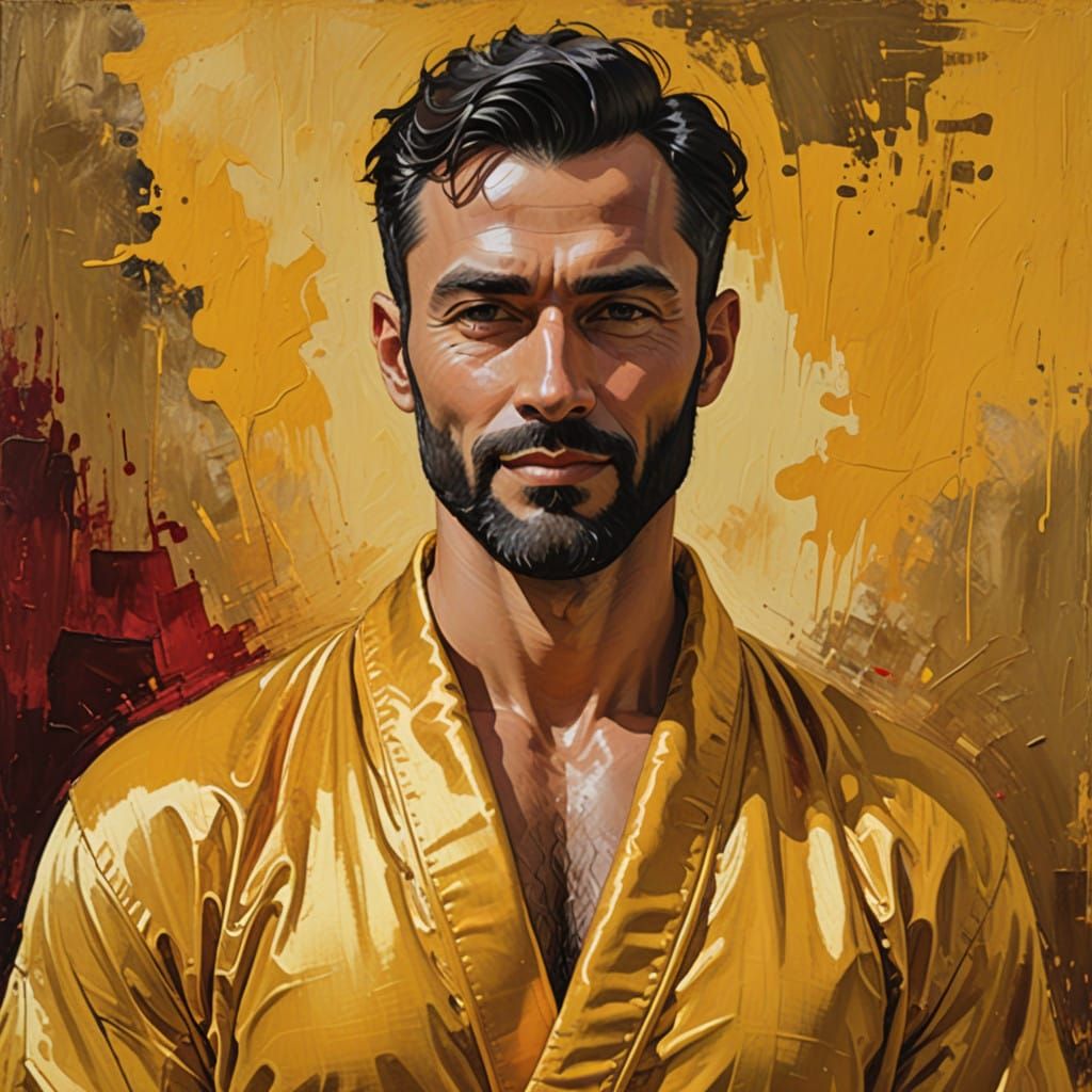 Elegant Hirsute Gentleman in Golden Velvet Robe