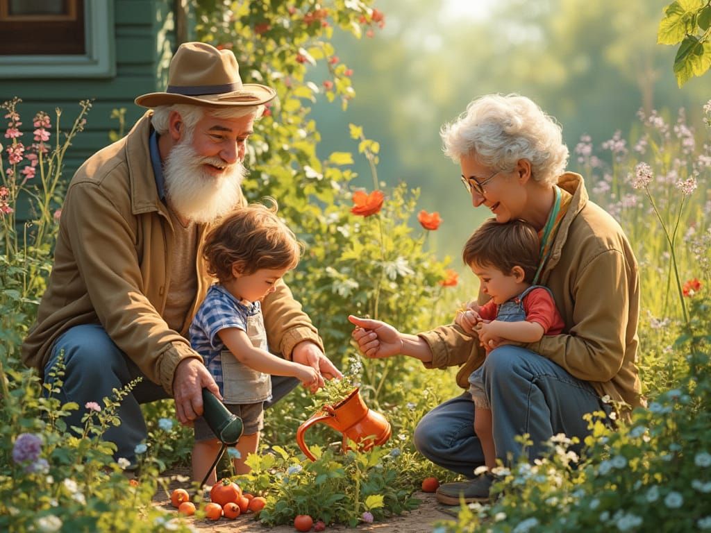 Children and Great Grandparents Share Intimate Gardening Mom...