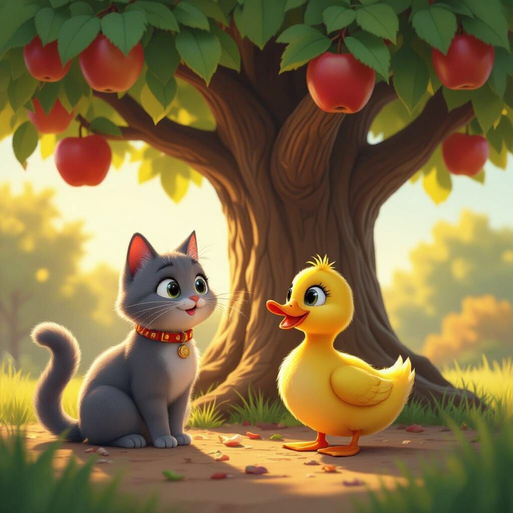 Cat and Duck Meet Under Apple Tree, Pixar Style