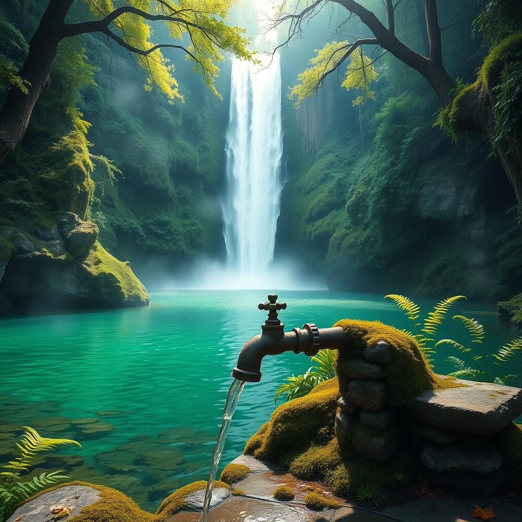 Waterfall's Edge: Rustic Spigot in Romantic Landscape