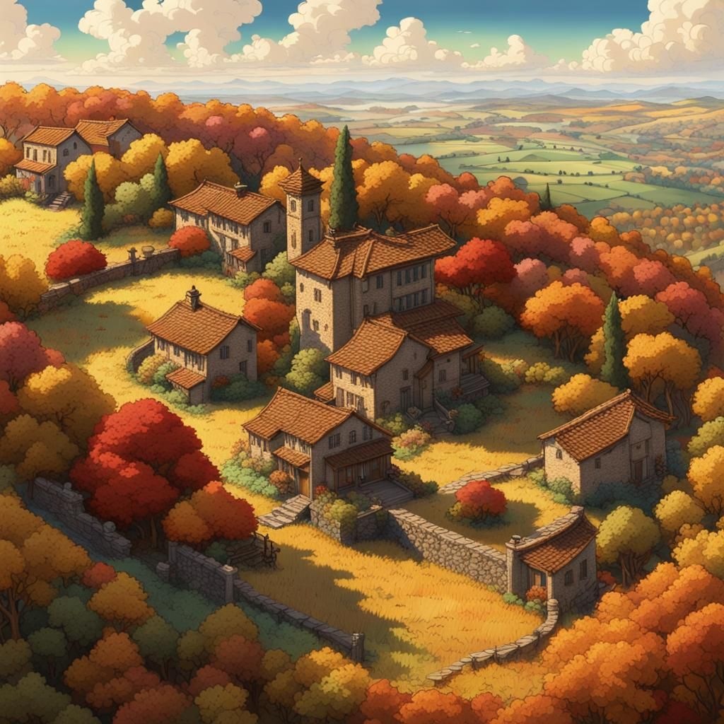 Crochet Autumnal Tuscan Landscape: Hyperrealistic Anime Styl...