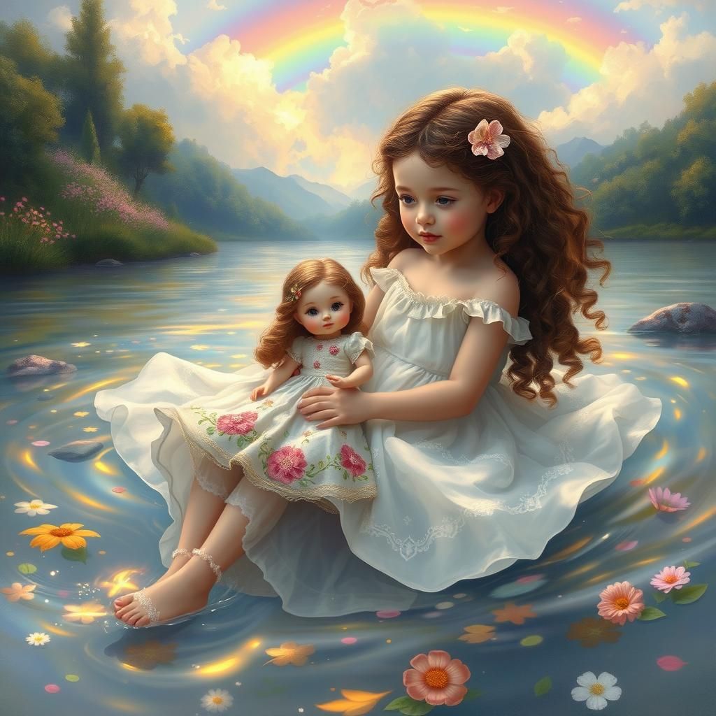 Girl and Doll in Iridescent River