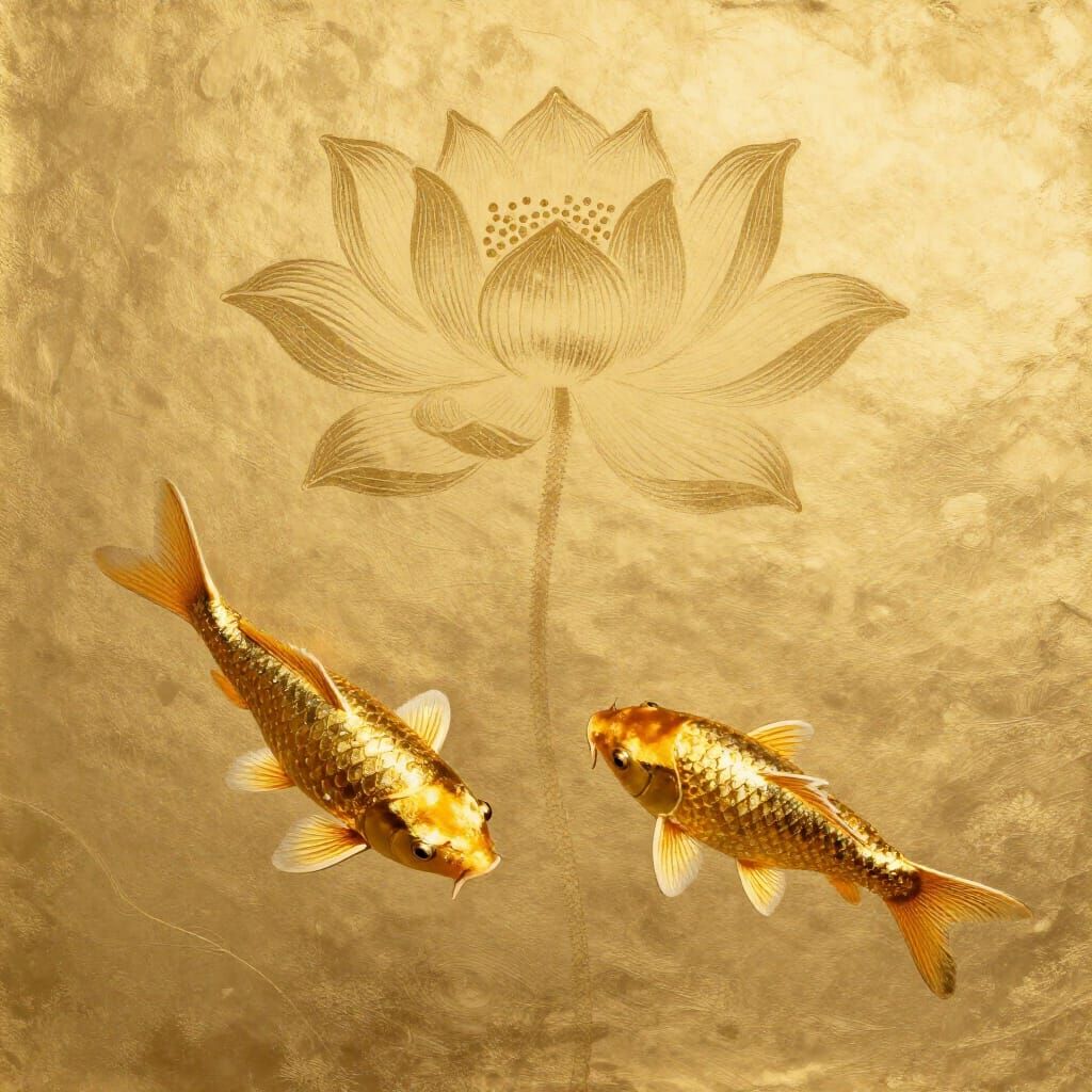 Two Sparkling Koi Fish Beneath Lotus Flower in Gold