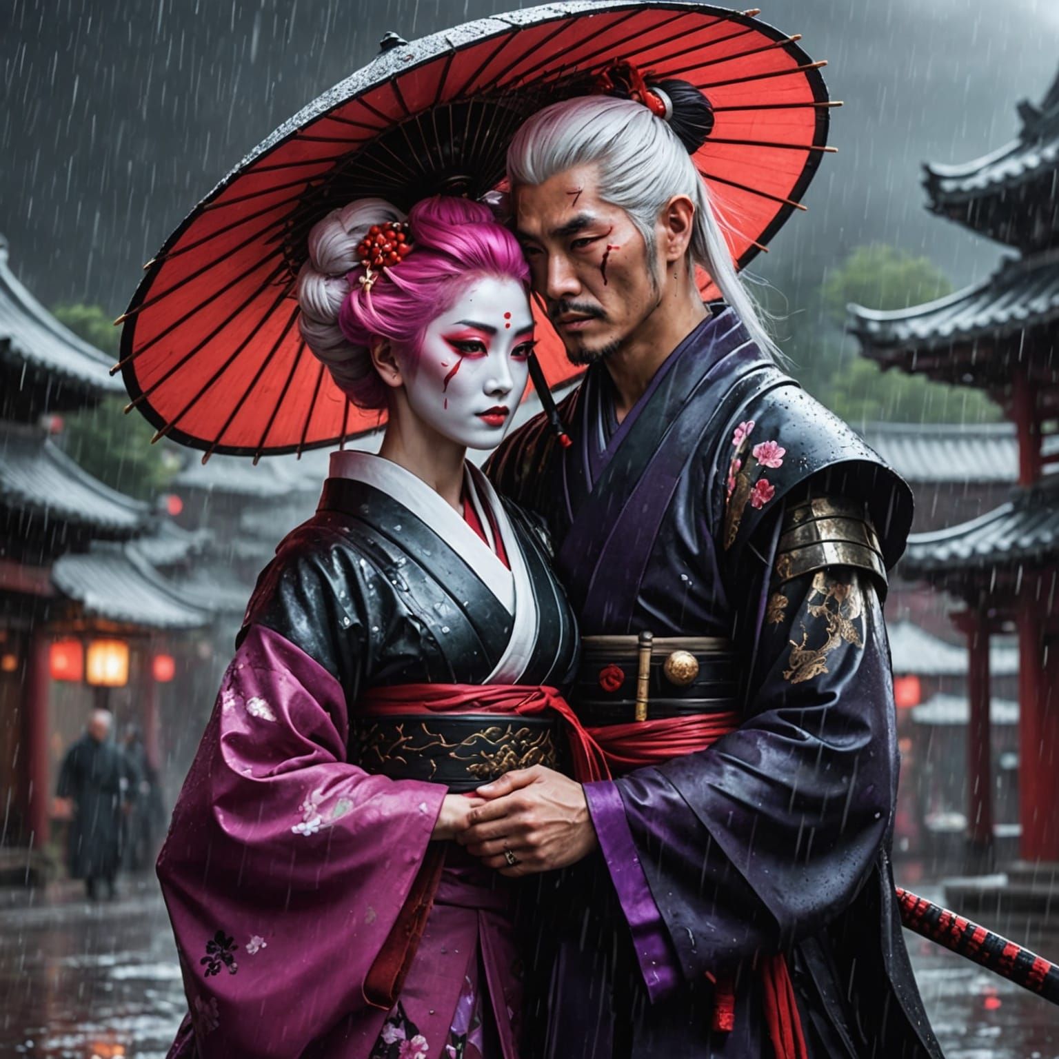 Geisha and Samurai Embrace in Rain, Alcohol Ink Style