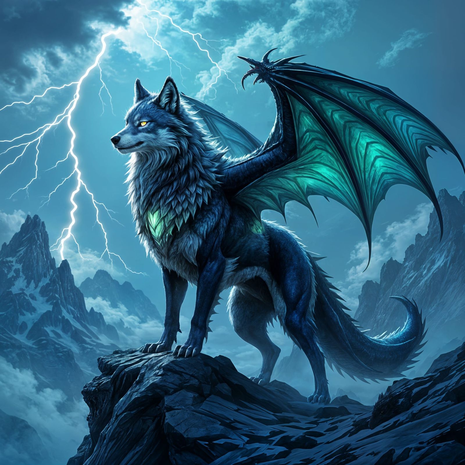 Majestic Wolf Dragon Hybrid on Mountain Peak