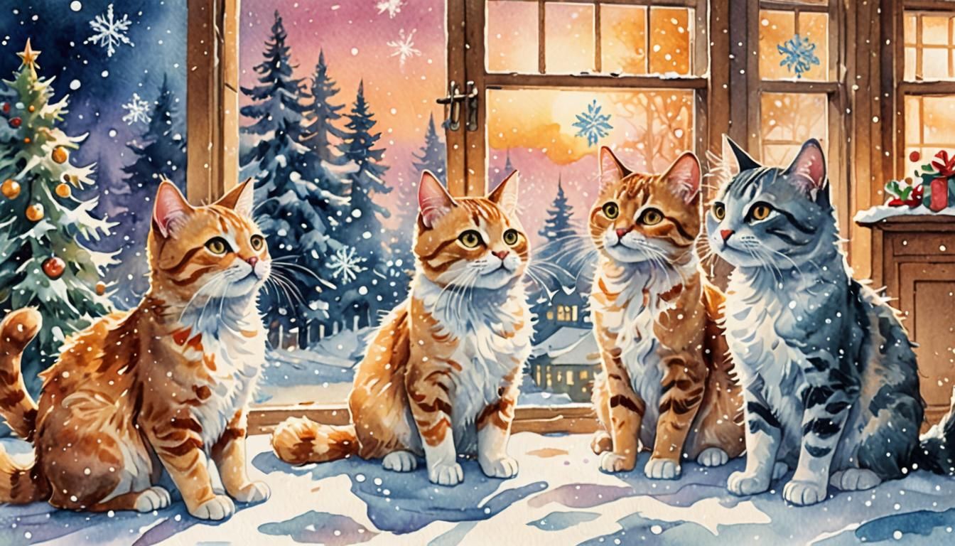 Festive Cats Play in Sparkling Snow: Watercolor Art