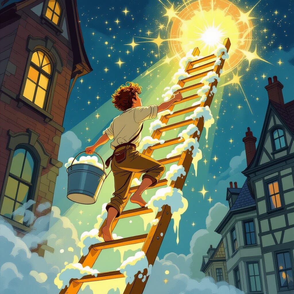 Magical Ladder Ascent in Whimsical Storybook Style