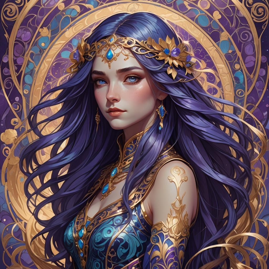 Art Nouveau Portrait with Flowing Blue Hair
