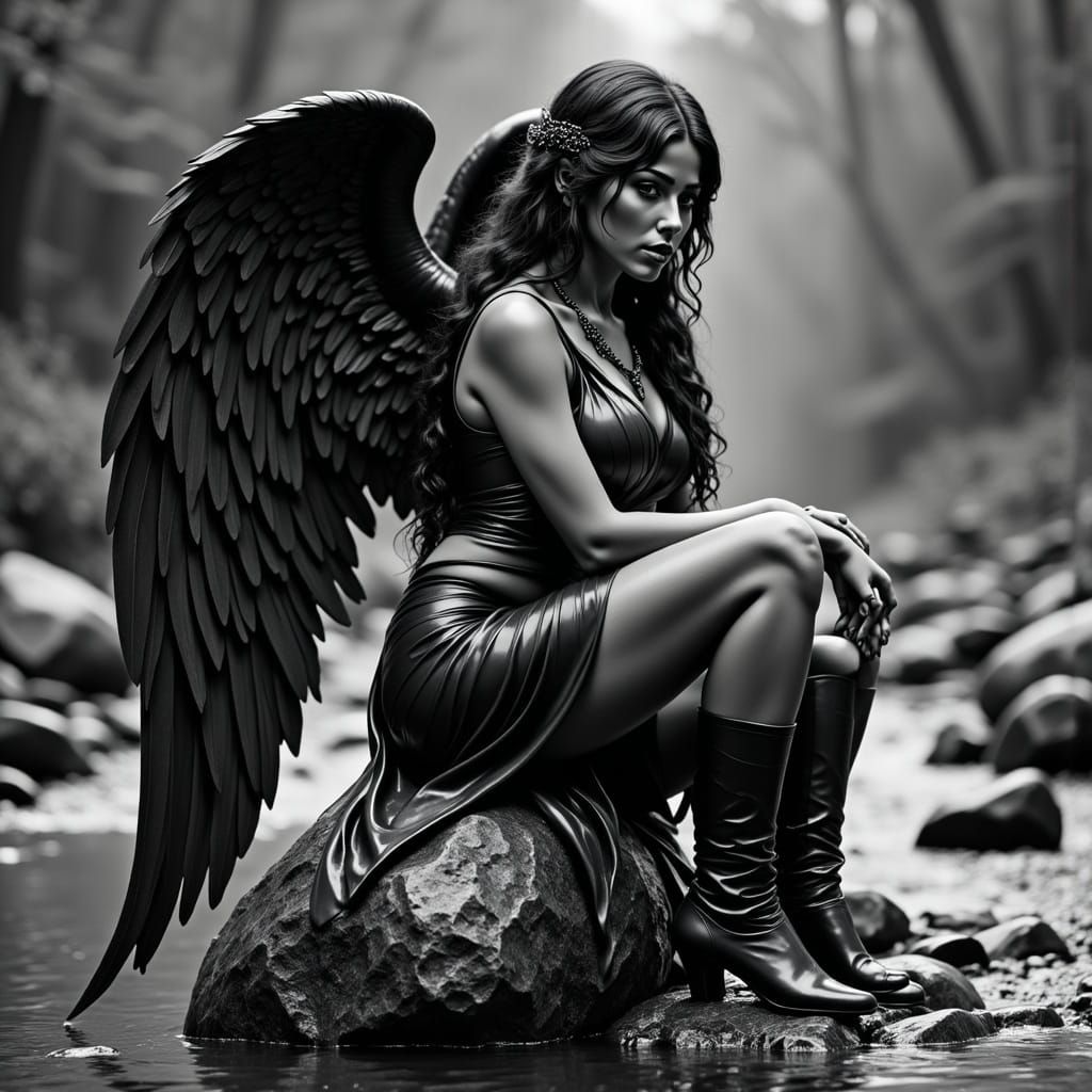 Dark Angel Perched on Boulder by Stream
