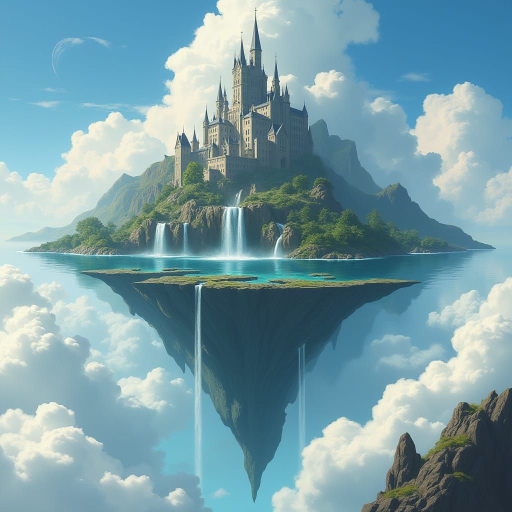 Floating Island Castle with Waterfall, Atmospheric Digital A...