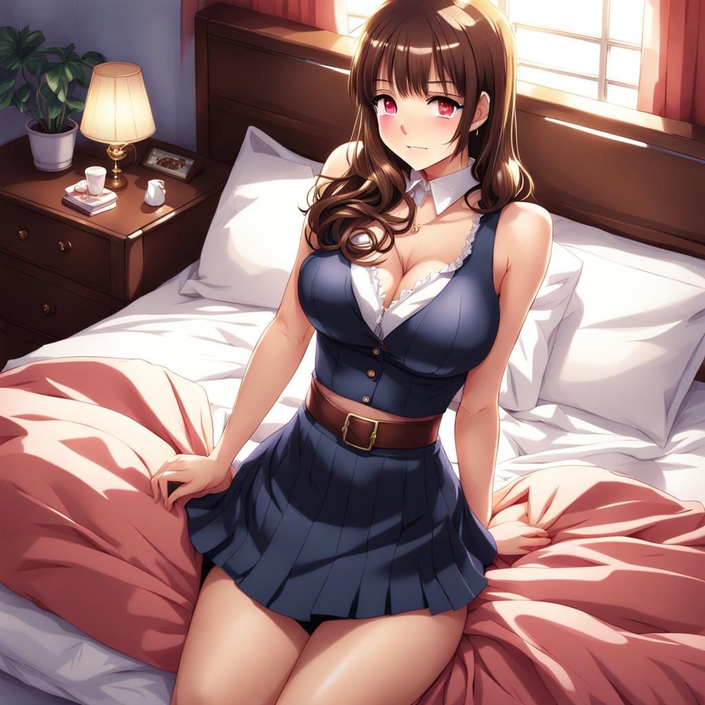 Anime Woman in Short Skirt on Bed