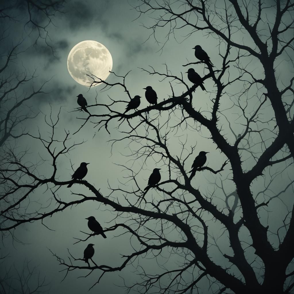 Seven Blackbirds in Moonlit Forest: Dark Fantasy Art