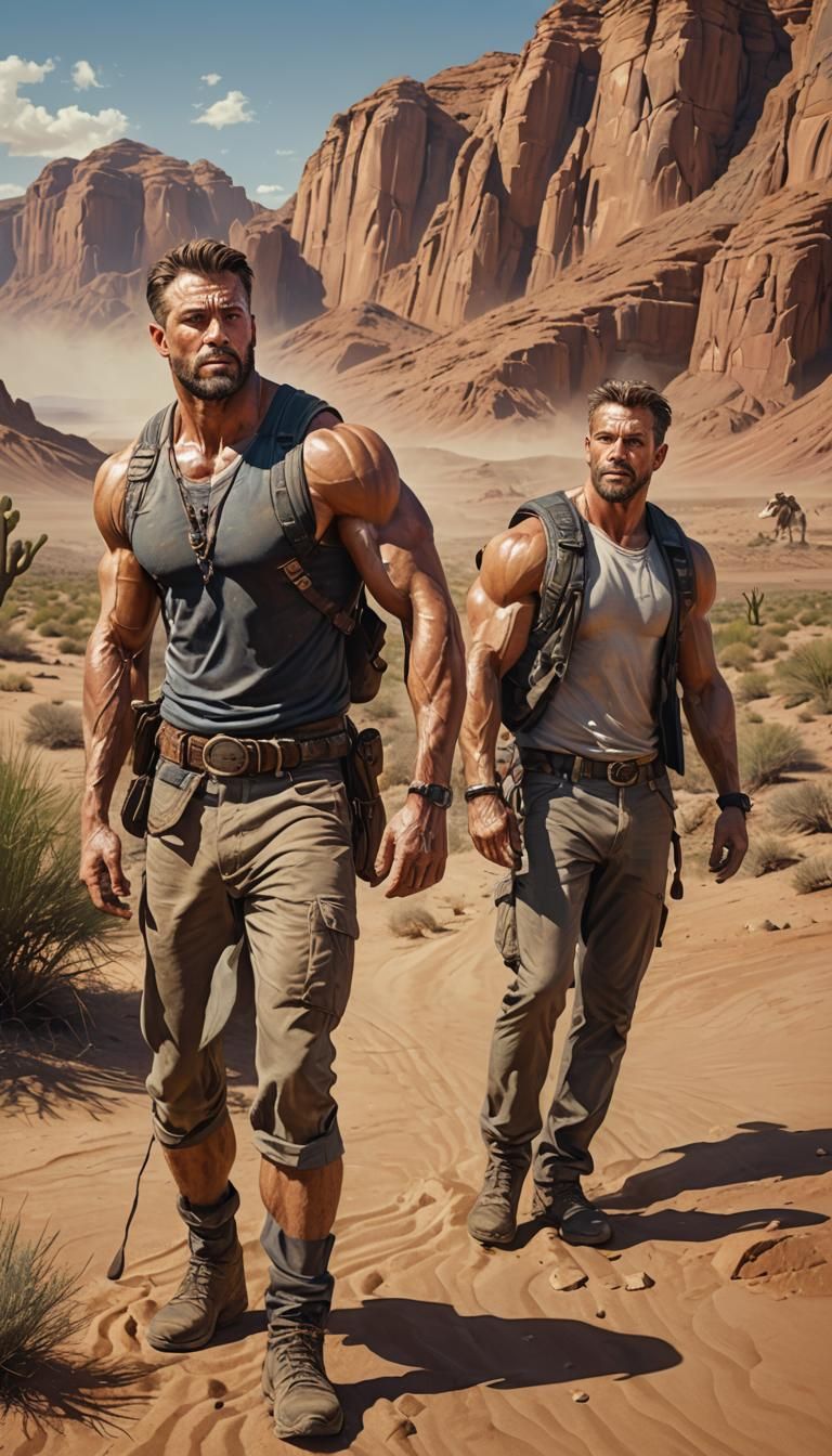 Two Weary Travelers in Desert Landscape