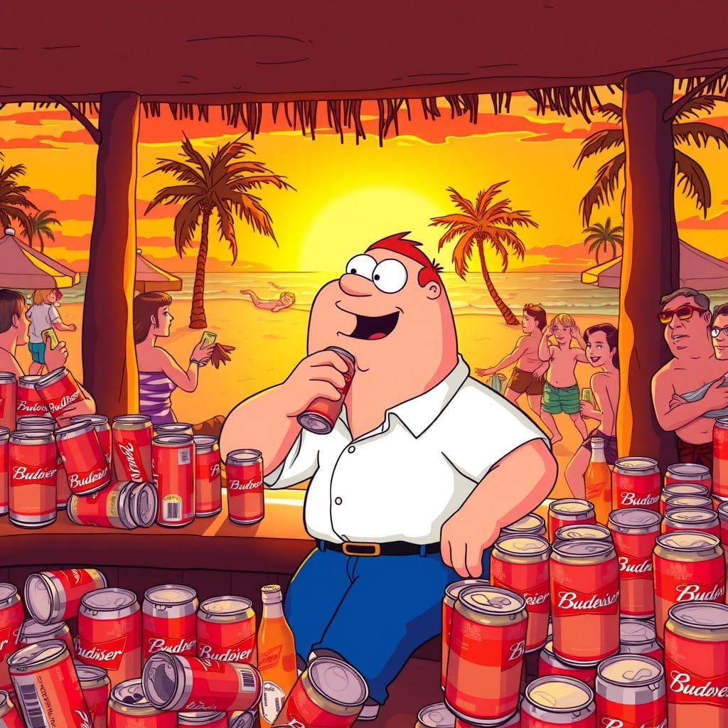 Peter Griffin Enjoying a Tropical Sunset with Budweiser