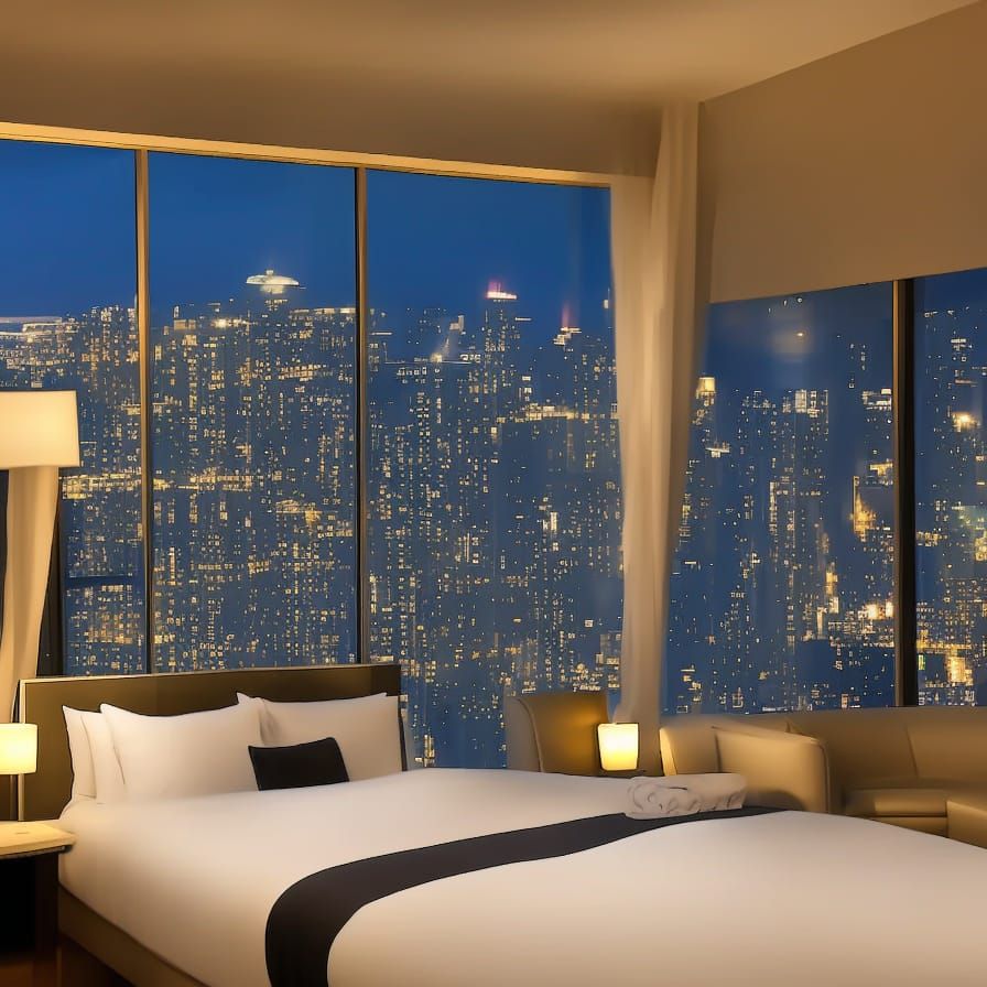 Futuristic Hotel Room with Midnight View