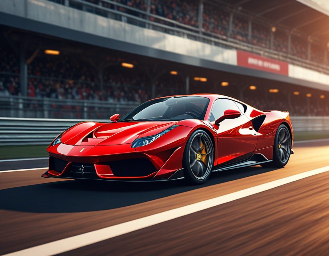 Fire Red Ferrari Races in Oil Painting Style