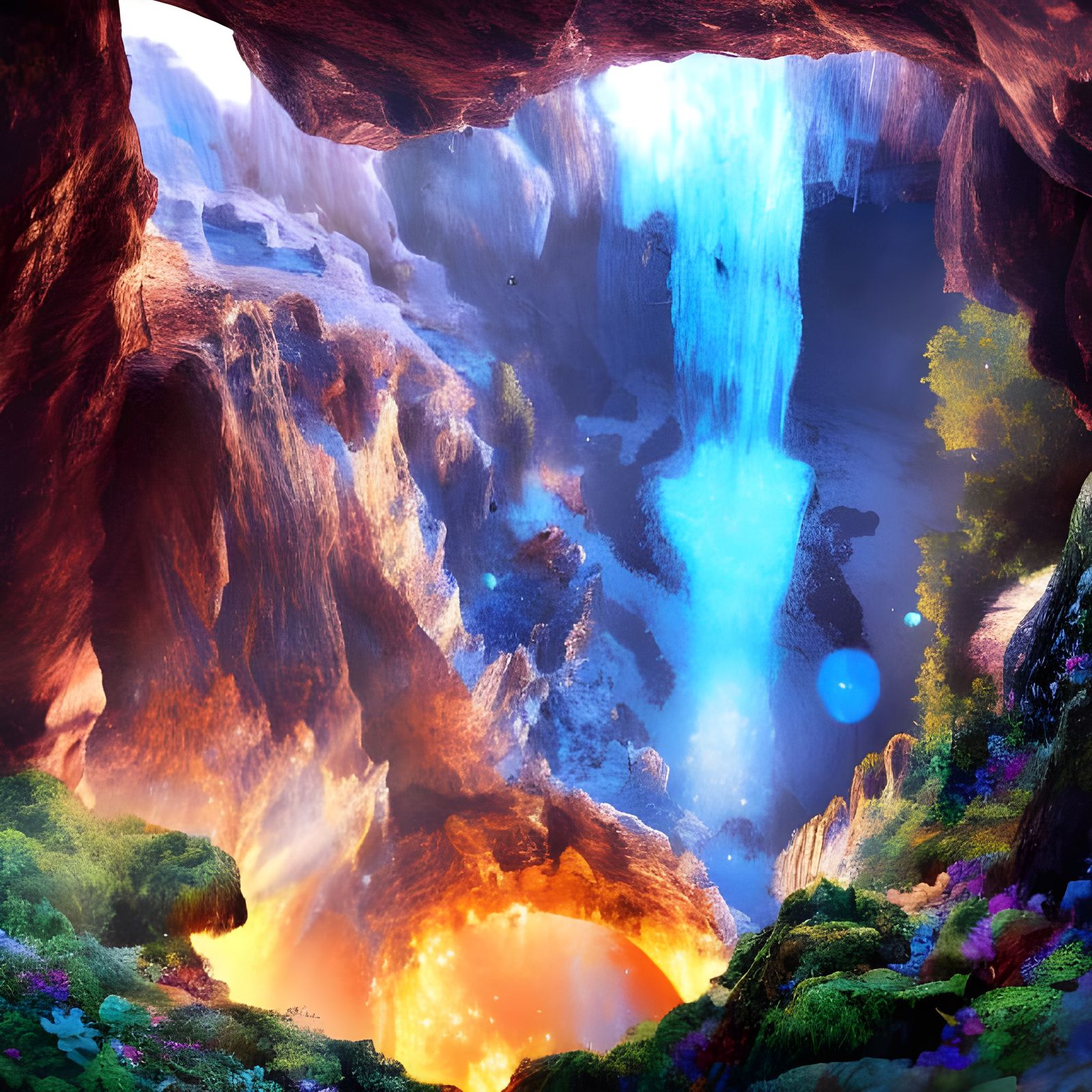 Hyperrealistic Volcano Landscape with Waterfalls and Cavern