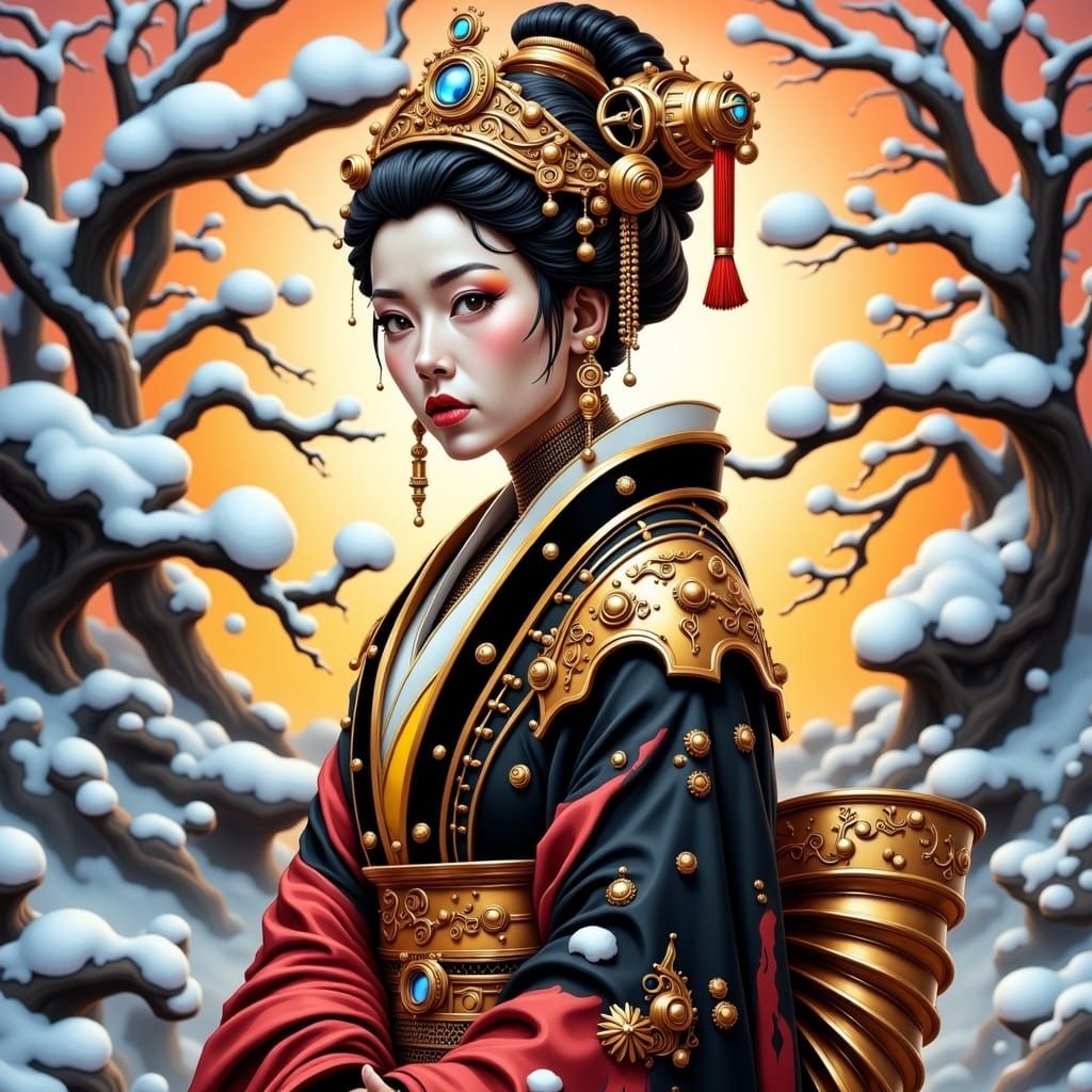 Regal Steampunk Princess in Kimono of Crimson Black and Yell...