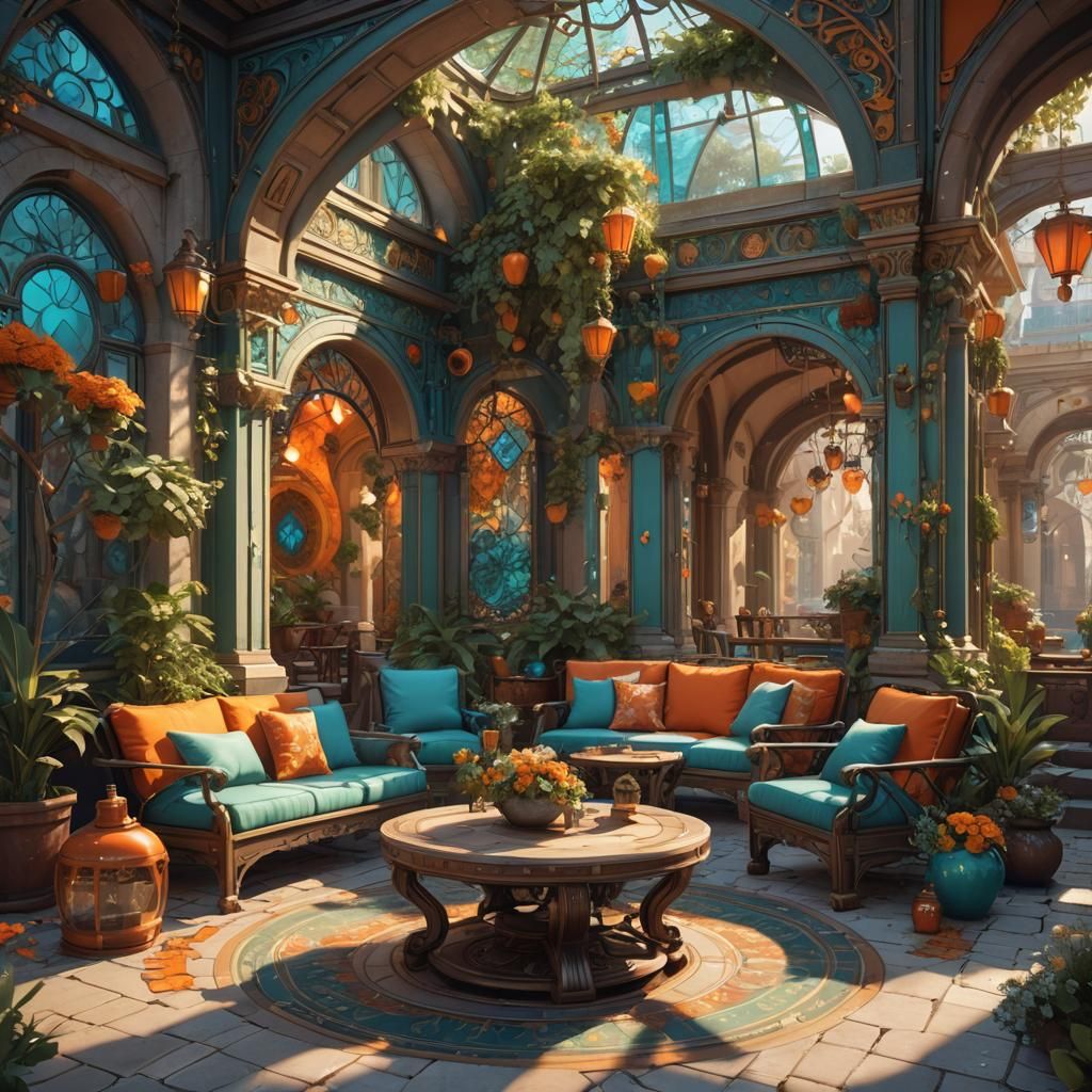 Hyperdetailed Outdoor Sitting Area in Orange and Teal