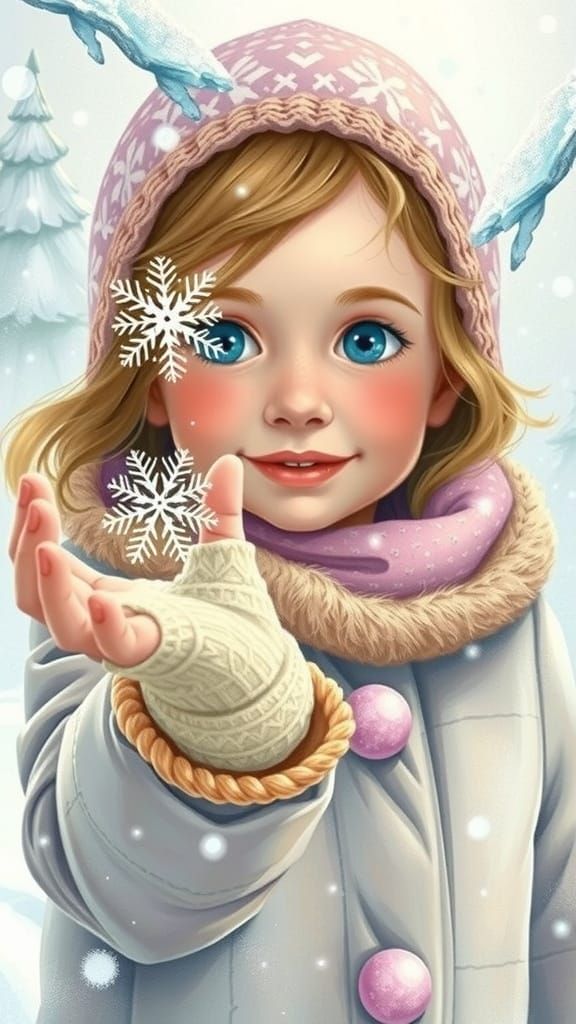 Winter Wonderland Girl Catches Snowflake in Gentle Snowfall