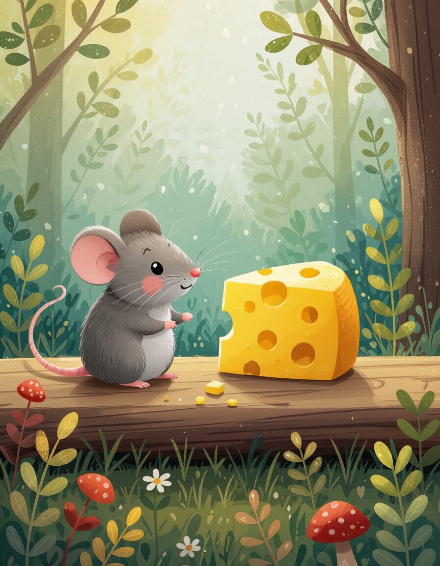 Whimsical Illustration of a Mouse and Cheese as Best Friends