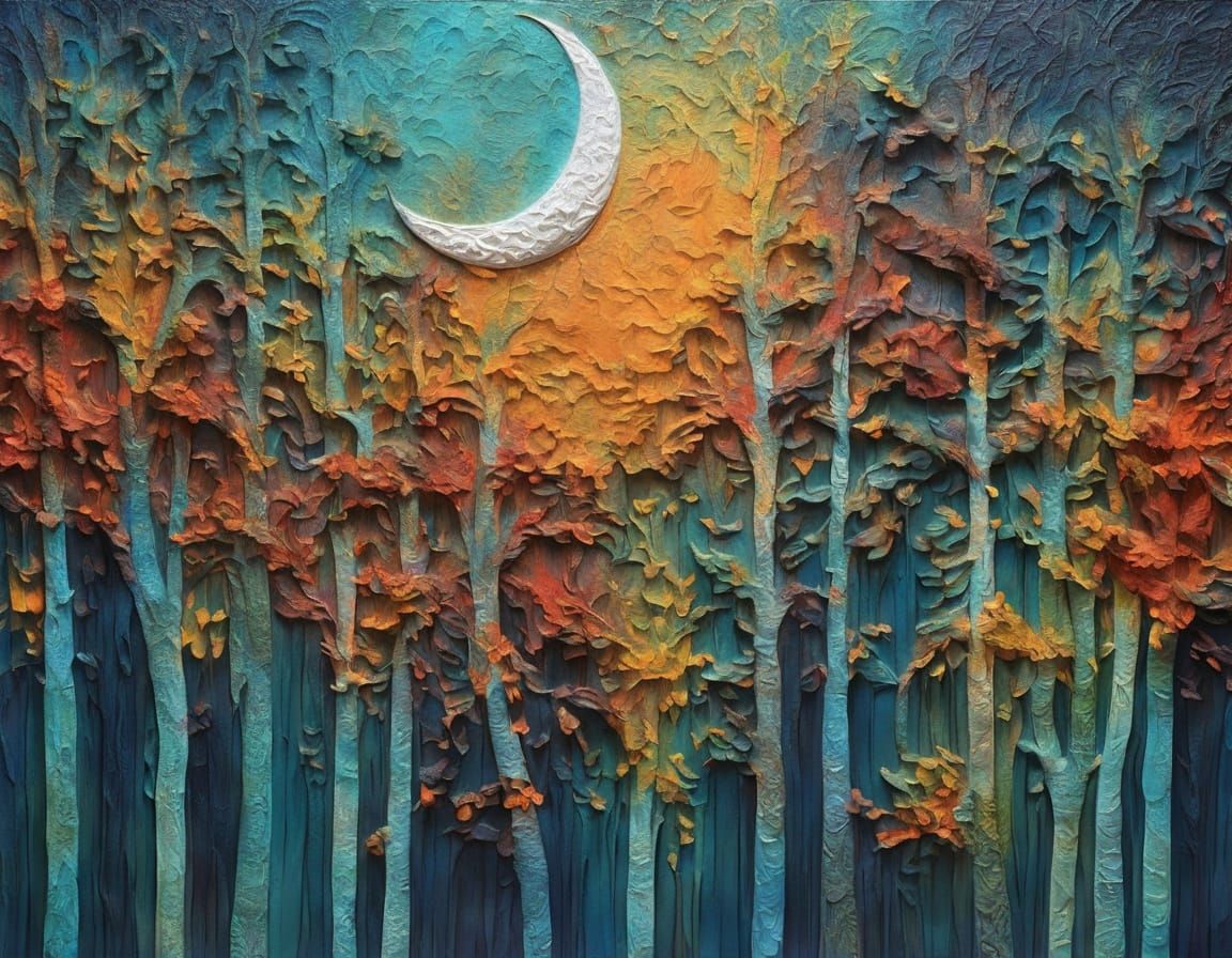 Surreal Forest Under Moonlight in Embossed Relief