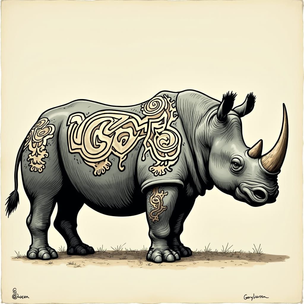 Rhino with Tribal Tattoos in Cartoon Style